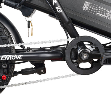Close-up of EMOVE RoadRunner V3 drivetrain and motor